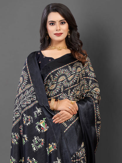 Women's Dola Silk Black Printed Designer Saree With Blouse Piece