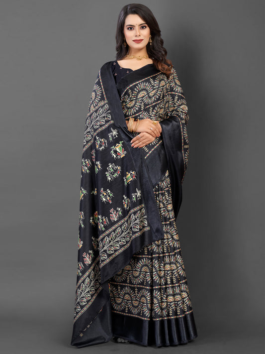 Women's Dola Silk Black Printed Designer Saree With Blouse Piece