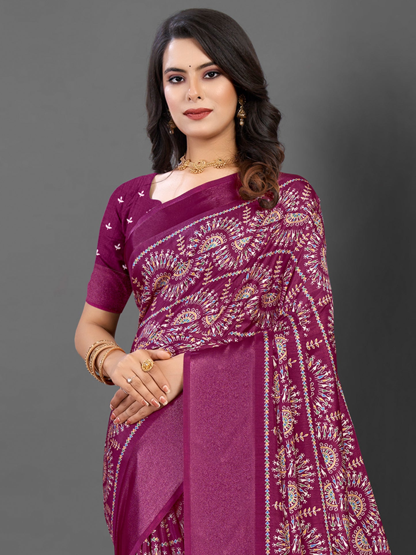 Women's Dola Silk Magenta Printed Designer Saree With Blouse Piece