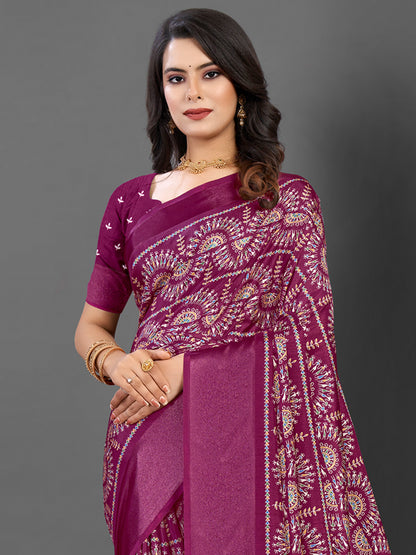 Women's Dola Silk Magenta Printed Designer Saree With Blouse Piece