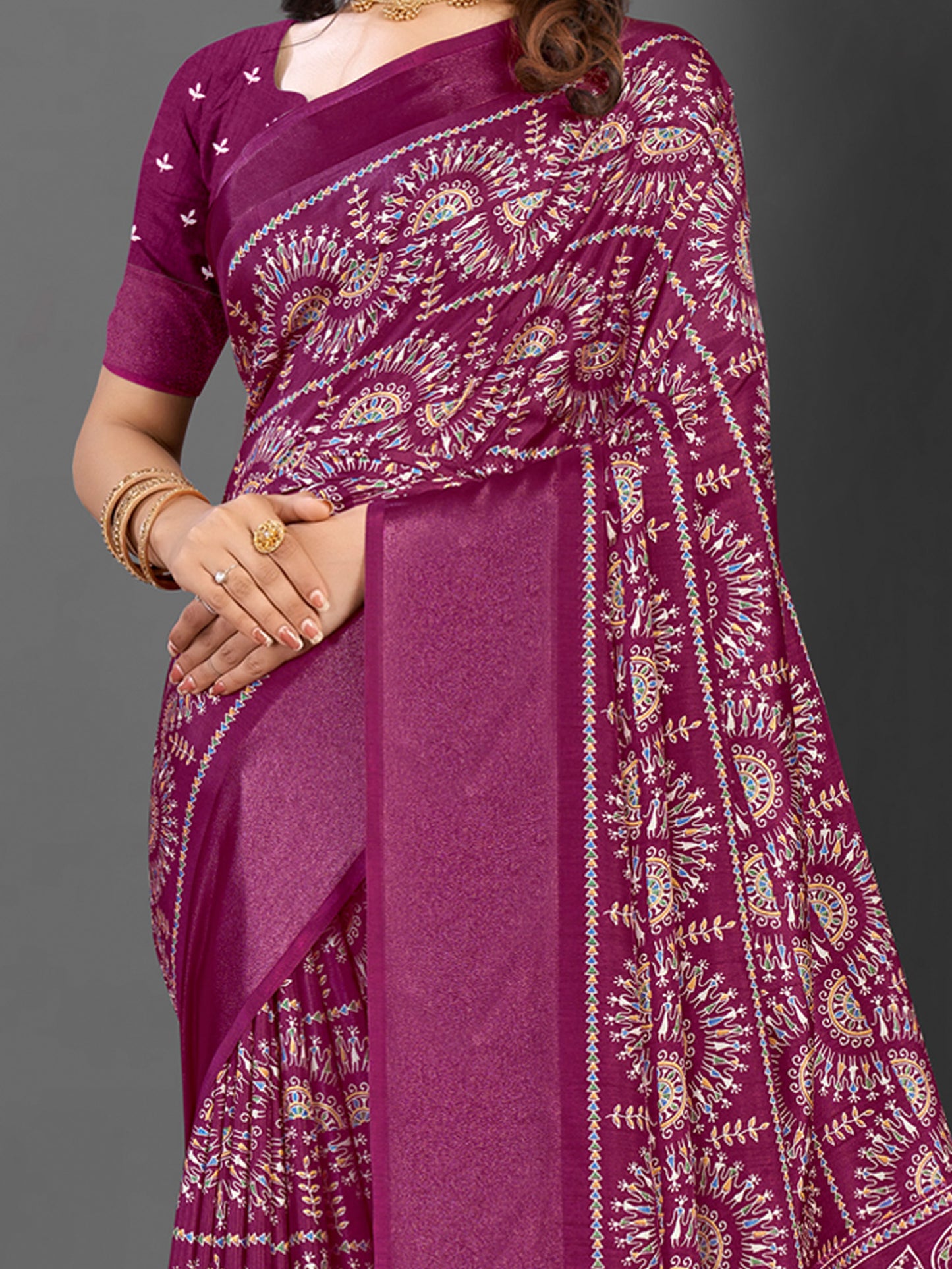 Women's Dola Silk Magenta Printed Designer Saree With Blouse Piece