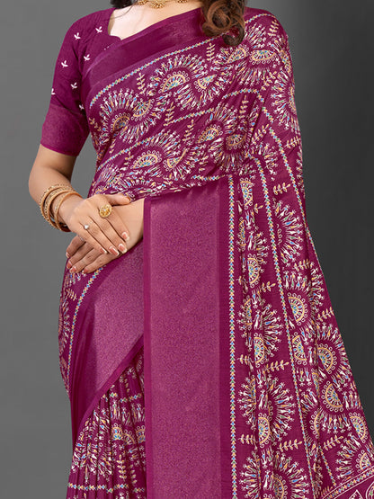Women's Dola Silk Magenta Printed Designer Saree With Blouse Piece