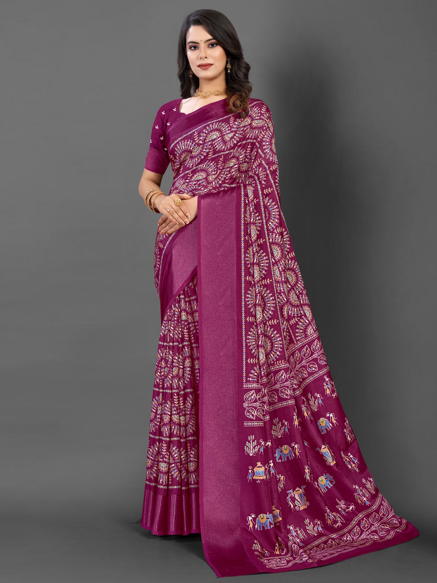 Women's Dola Silk Magenta Printed Designer Saree With Blouse Piece
