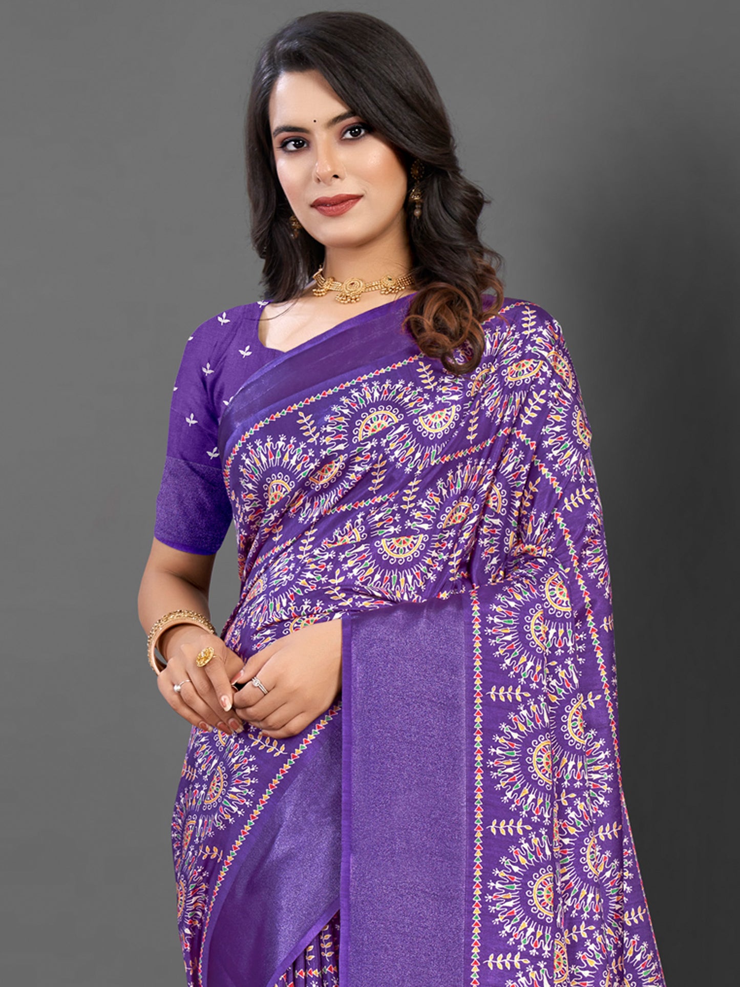 Women's Dola Silk Purple Printed Designer Saree With Blouse Piece