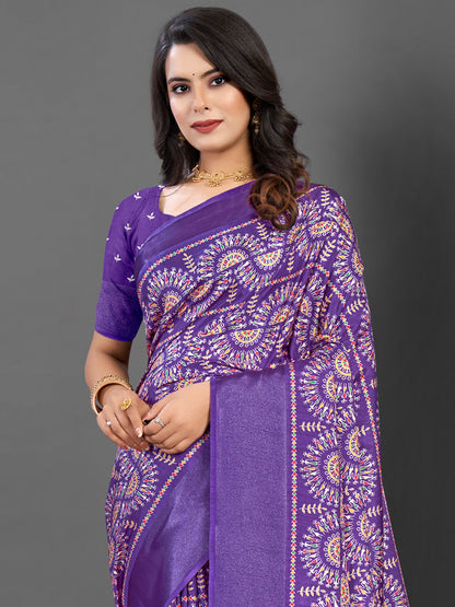 Women's Dola Silk Purple Printed Designer Saree With Blouse Piece