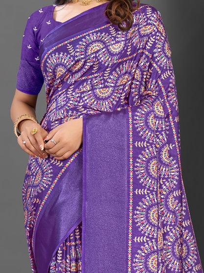 Women's Dola Silk Purple Printed Designer Saree With Blouse Piece