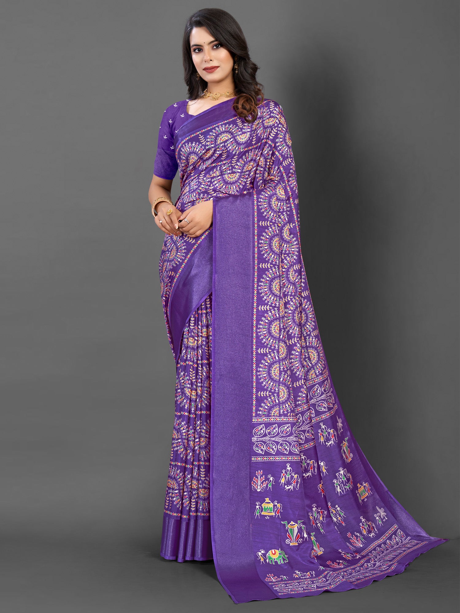 Women's Dola Silk Purple Printed Designer Saree With Blouse Piece
