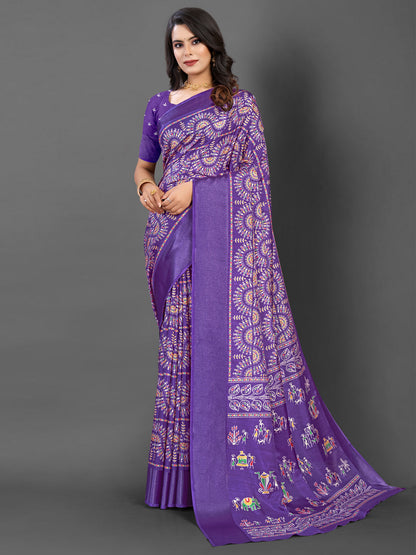 Women's Dola Silk Purple Printed Designer Saree With Blouse Piece