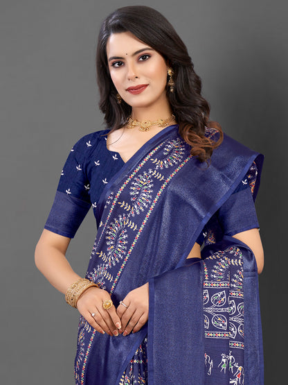 Women's Dola Silk Navy Blue Printed Designer Saree With Blouse Piece