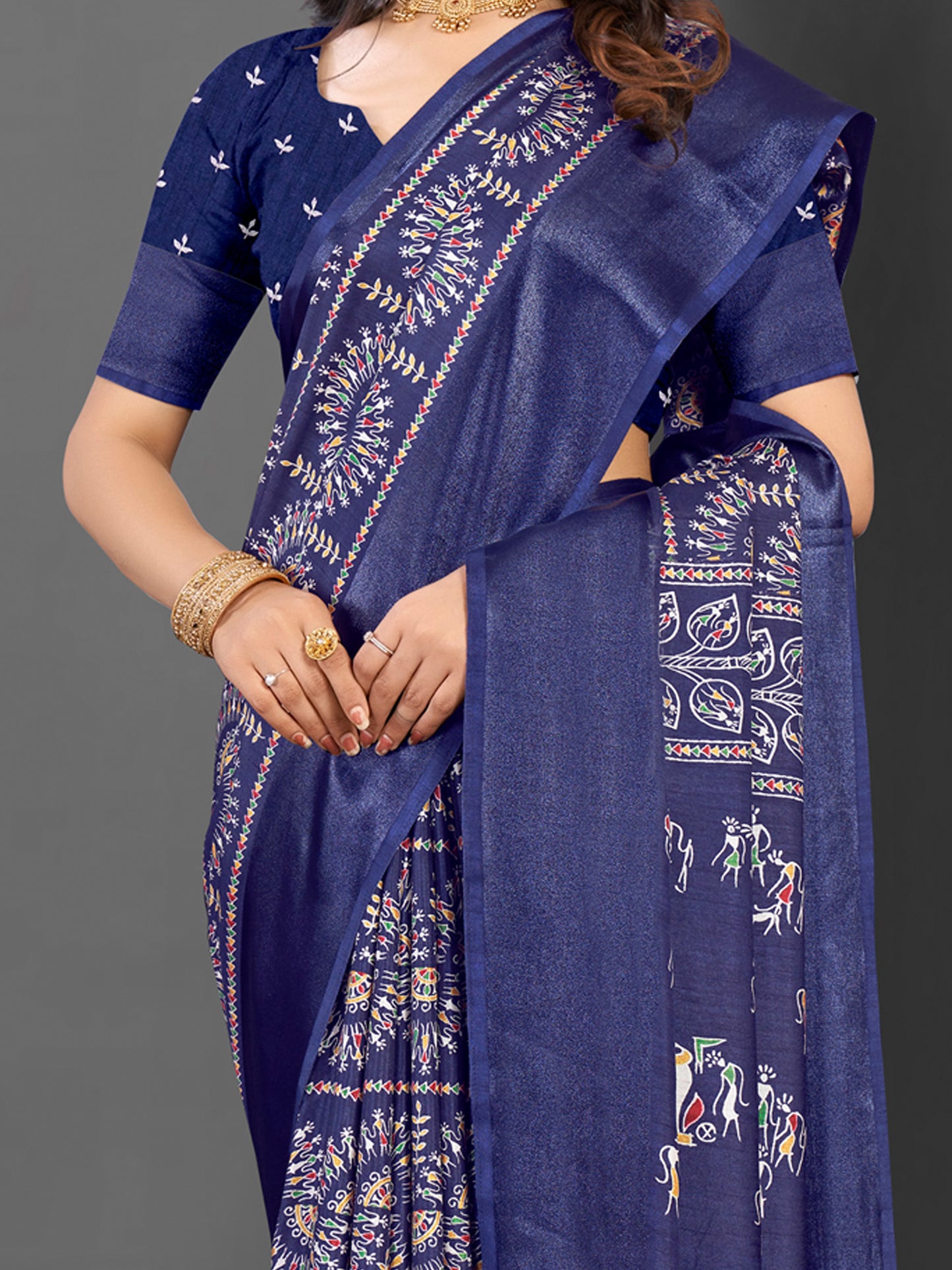 Women's Dola Silk Navy Blue Printed Designer Saree With Blouse Piece
