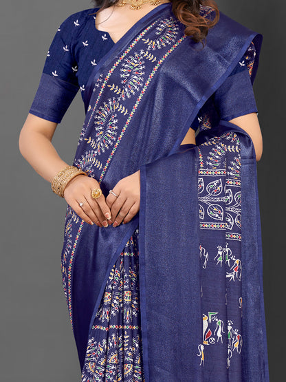 Women's Dola Silk Navy Blue Printed Designer Saree With Blouse Piece