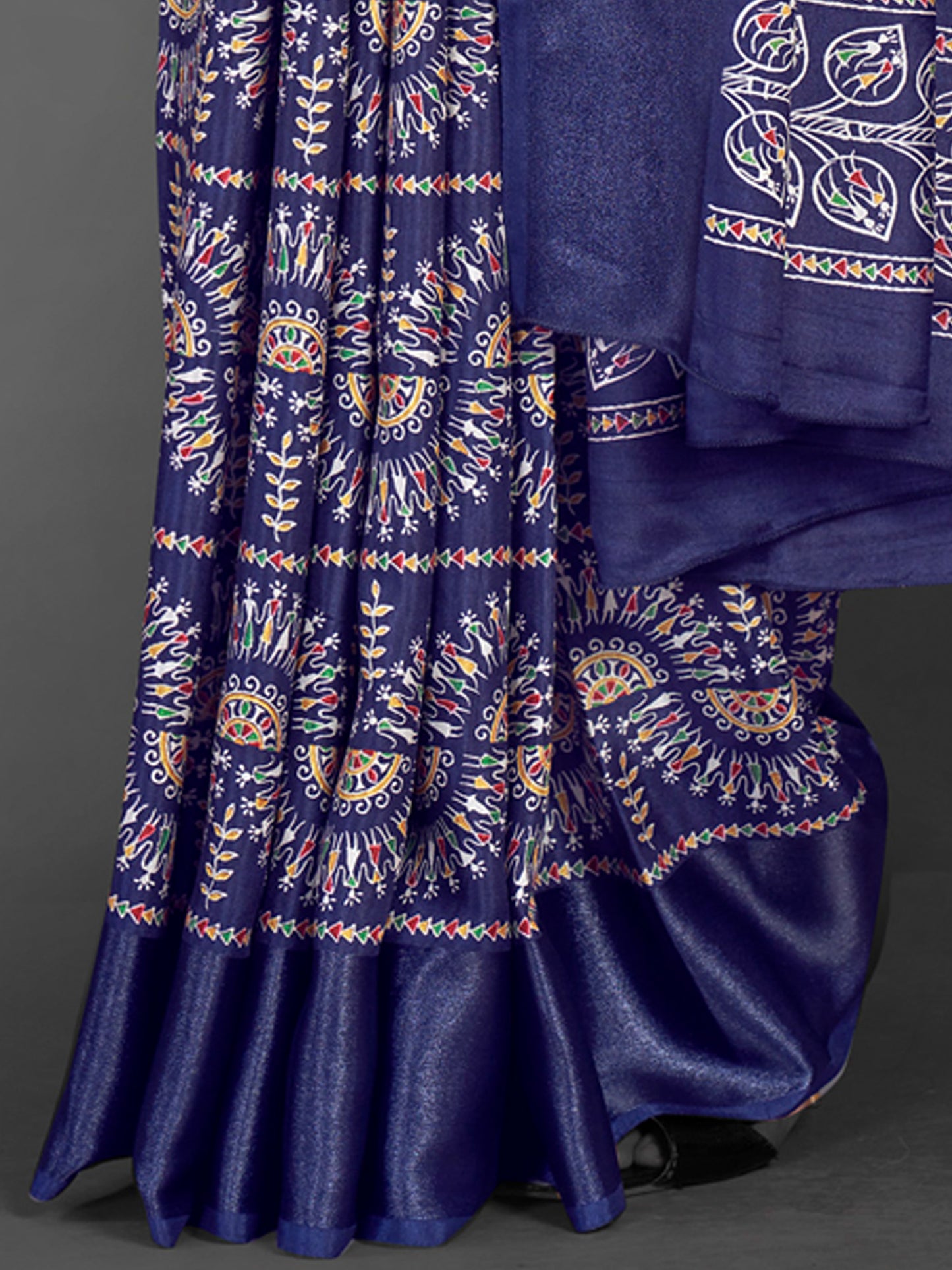 Women's Dola Silk Navy Blue Printed Designer Saree With Blouse Piece