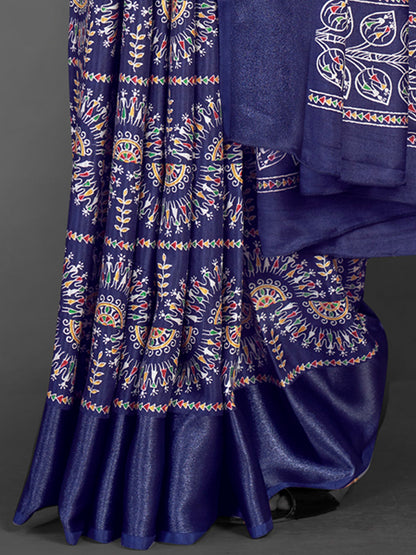Women's Dola Silk Navy Blue Printed Designer Saree With Blouse Piece