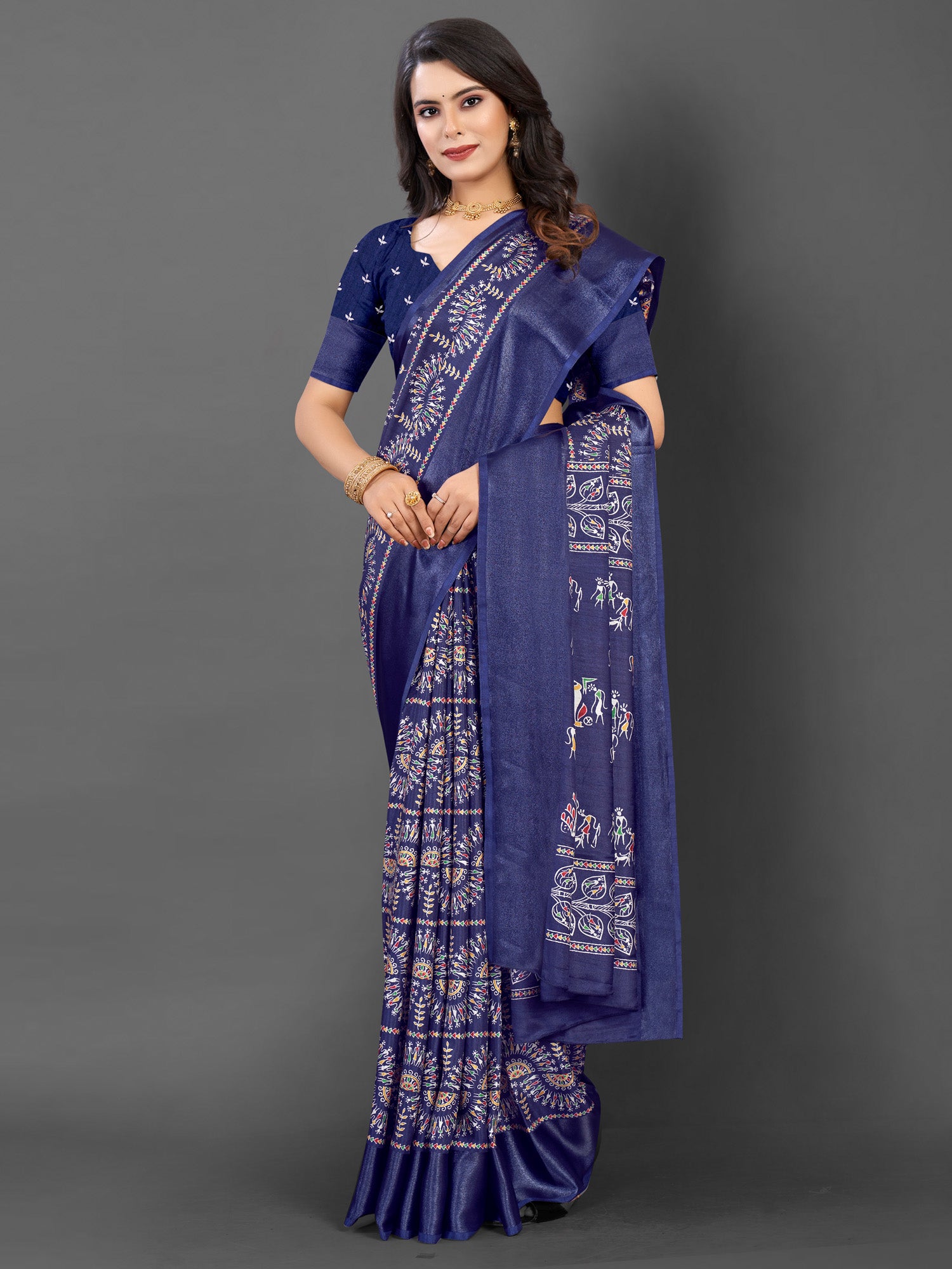 Women's Dola Silk Navy Blue Printed Designer Saree With Blouse Piece