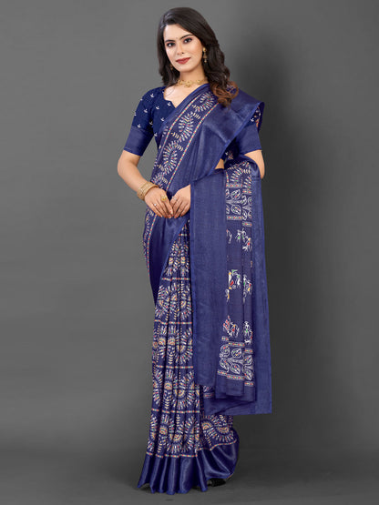Women's Dola Silk Navy Blue Printed Designer Saree With Blouse Piece