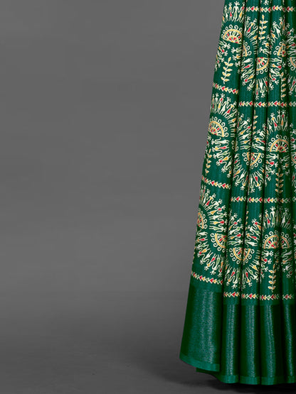 Women's Dola Silk Green Printed Designer Saree With Blouse Piece