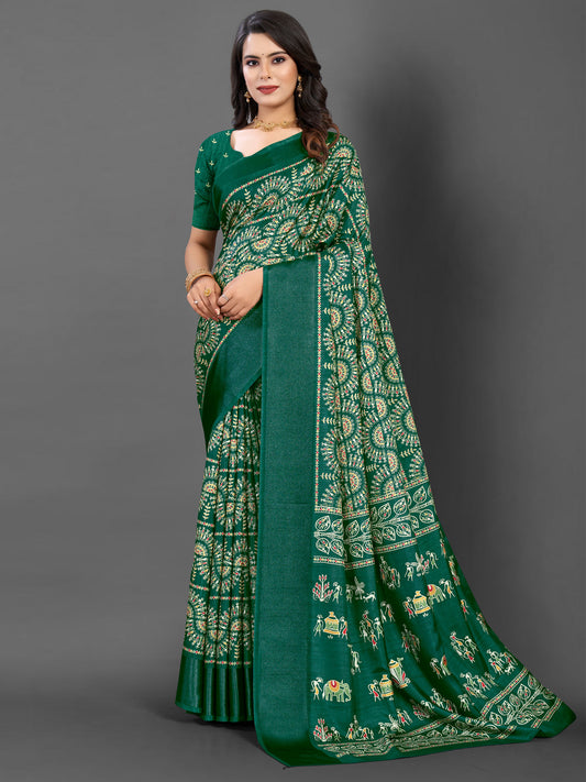 Women's Dola Silk Green Printed Designer Saree With Blouse Piece