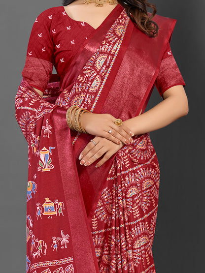 Women's Dola Silk Maroon Printed Designer Saree With Blouse Piece