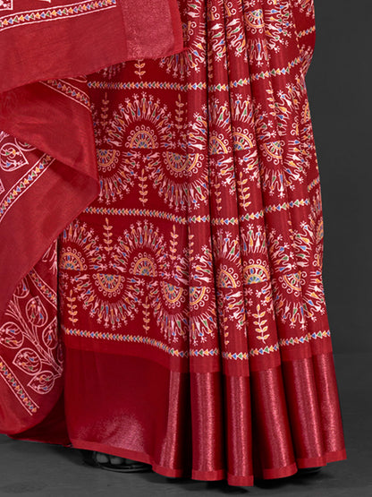 Women's Dola Silk Maroon Printed Designer Saree With Blouse Piece