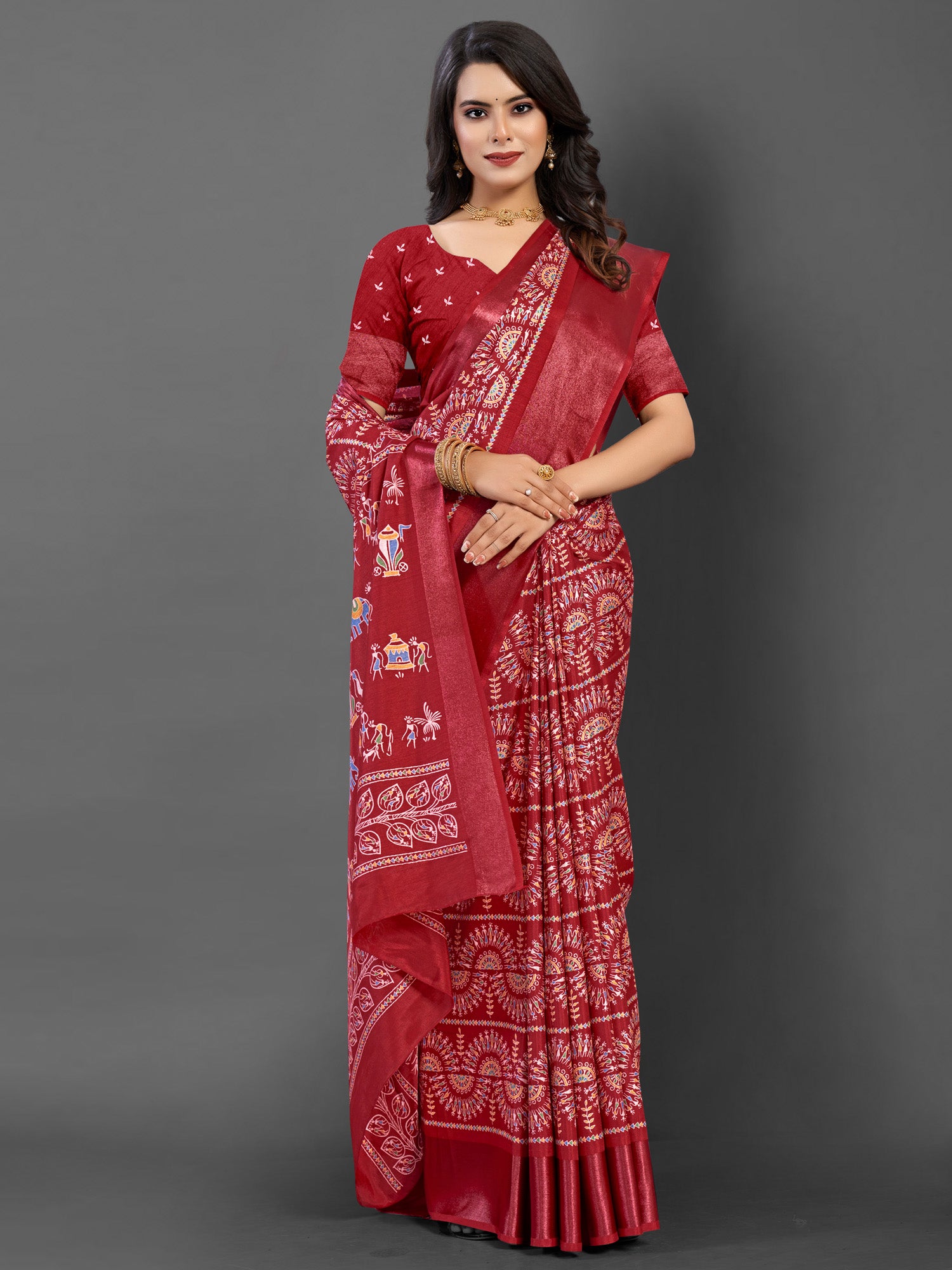 Women's Dola Silk Maroon Printed Designer Saree With Blouse Piece