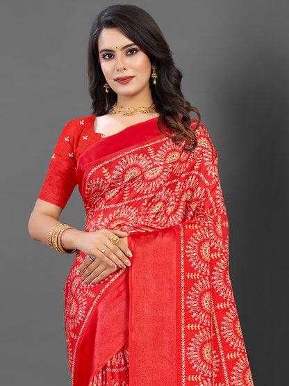 Women's Dola Silk Red Printed Designer Saree With Blouse Piece