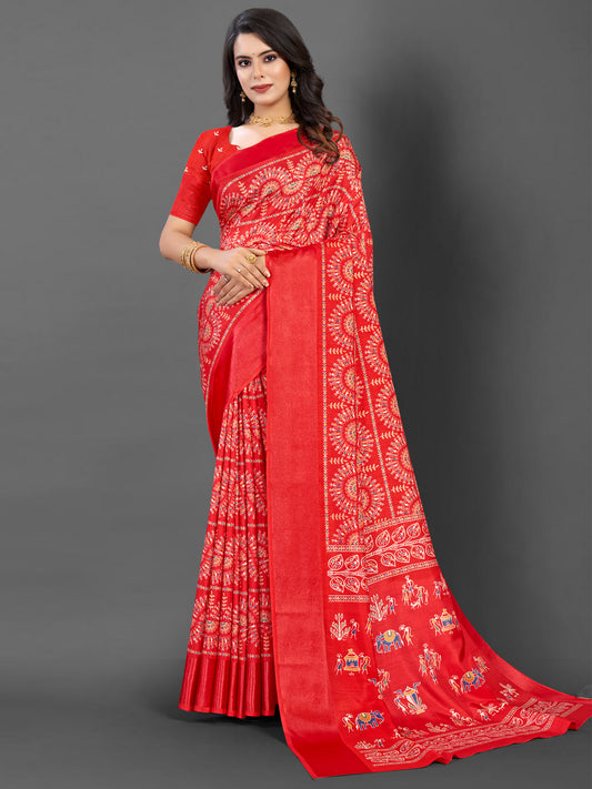 Women's Dola Silk Red Printed Designer Saree With Blouse Piece