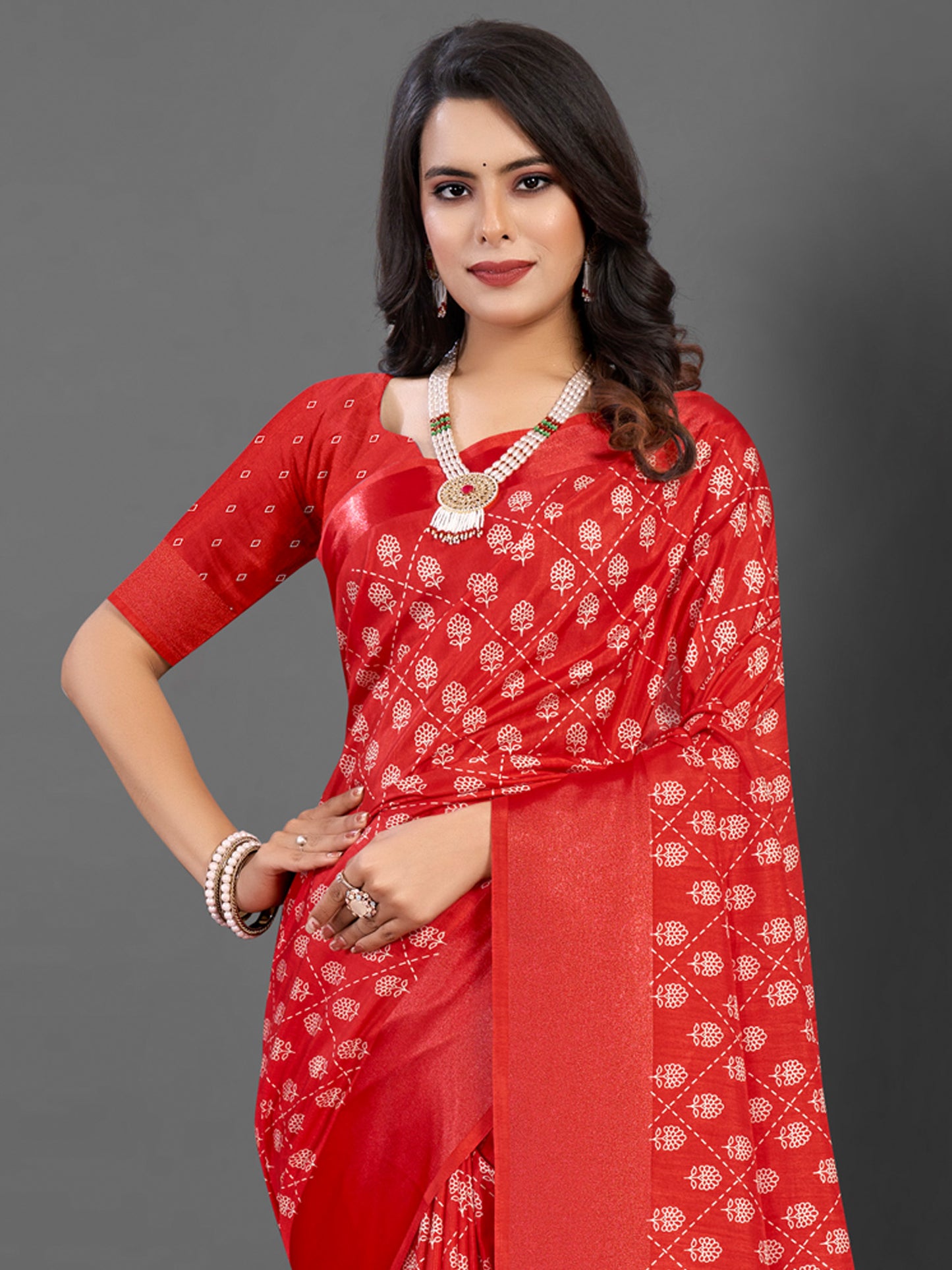 Women's Dola Silk Red Printed Designer Saree With Blouse Piece