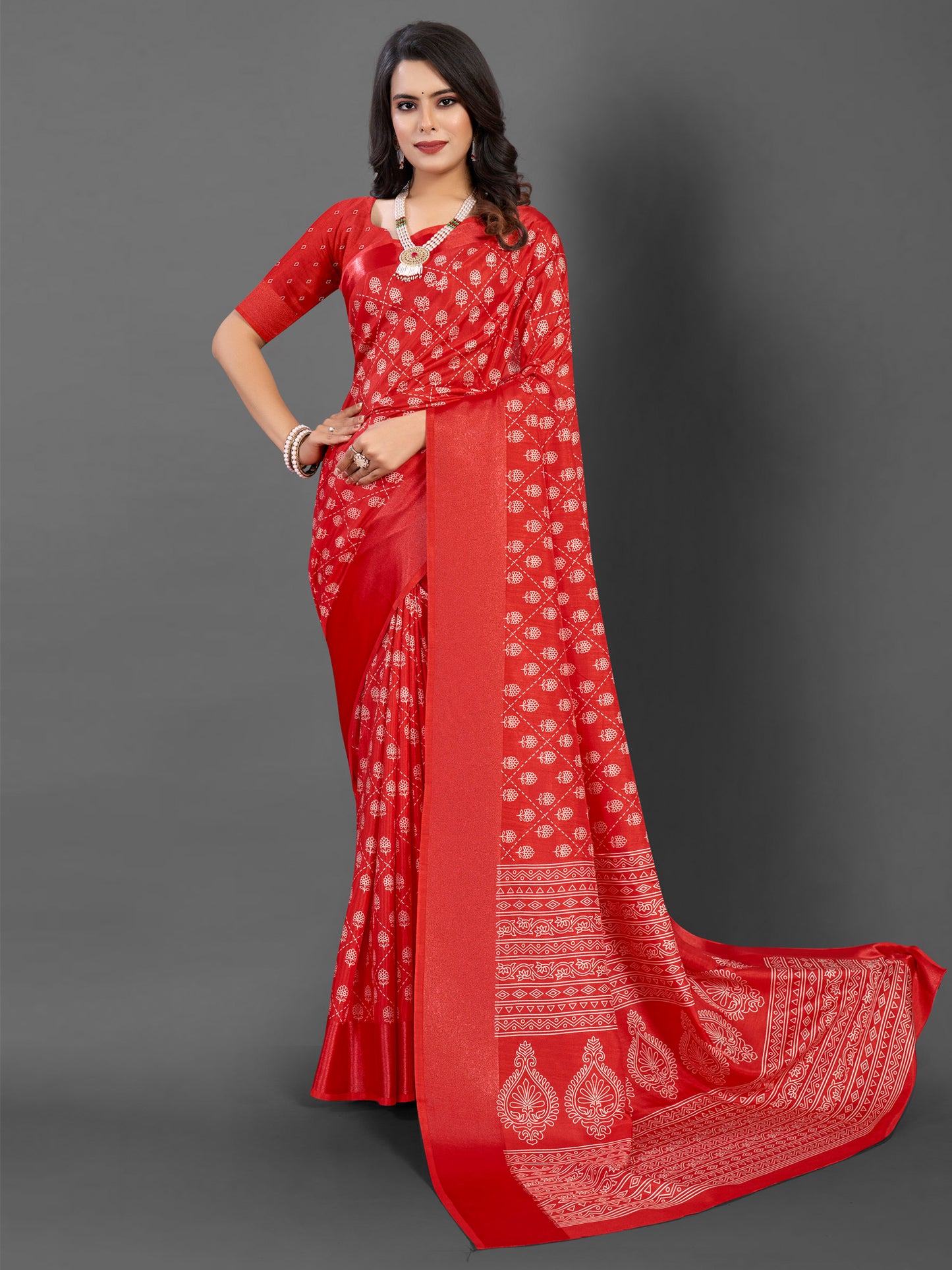 Women's Dola Silk Red Printed Designer Saree With Blouse Piece