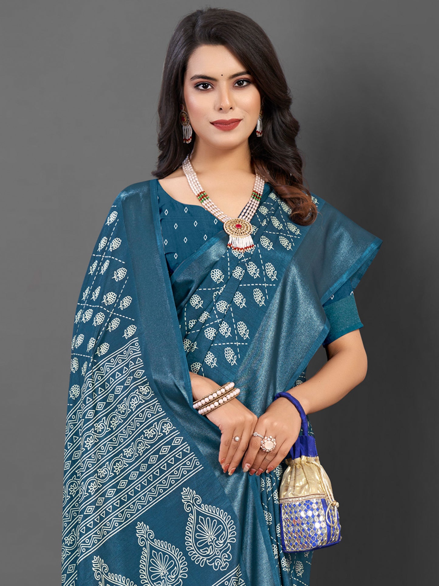 Women's Dola Silk Teal blue Printed Designer Saree With Blouse Piece