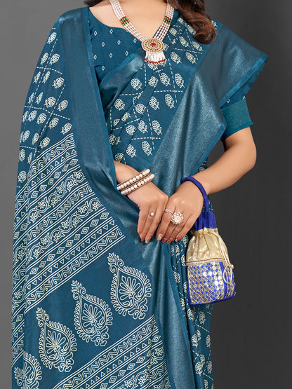 Women's Dola Silk Teal blue Printed Designer Saree With Blouse Piece