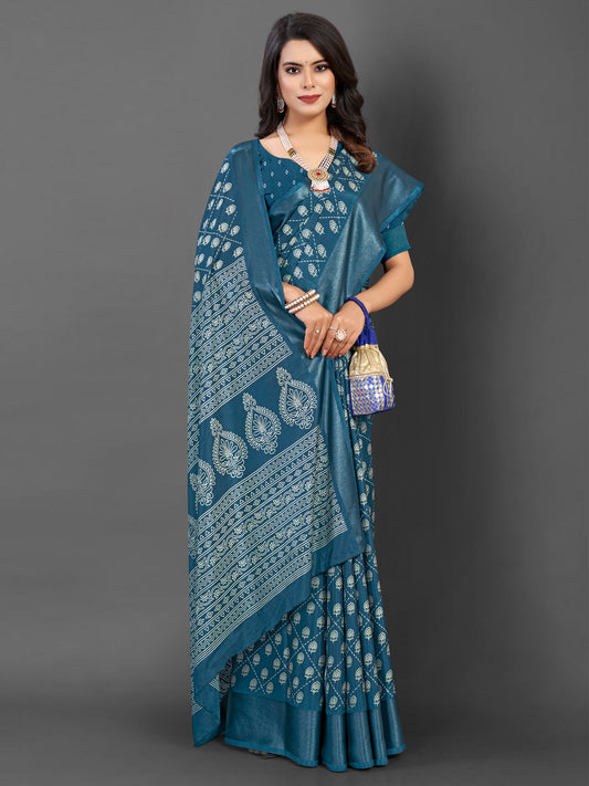 Women's Dola Silk Teal blue Printed Designer Saree With Blouse Piece