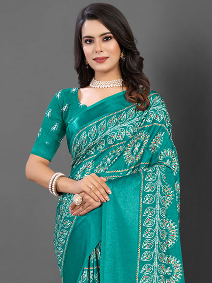 Women's Dola Silk Blue Printed Designer Saree With Blouse Piece