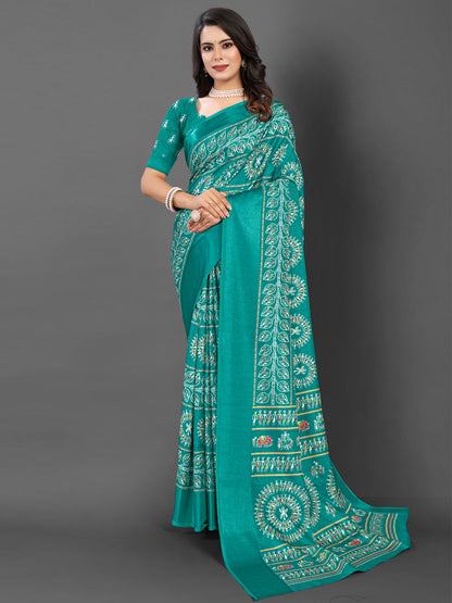 Women's Dola Silk Blue Printed Designer Saree With Blouse Piece