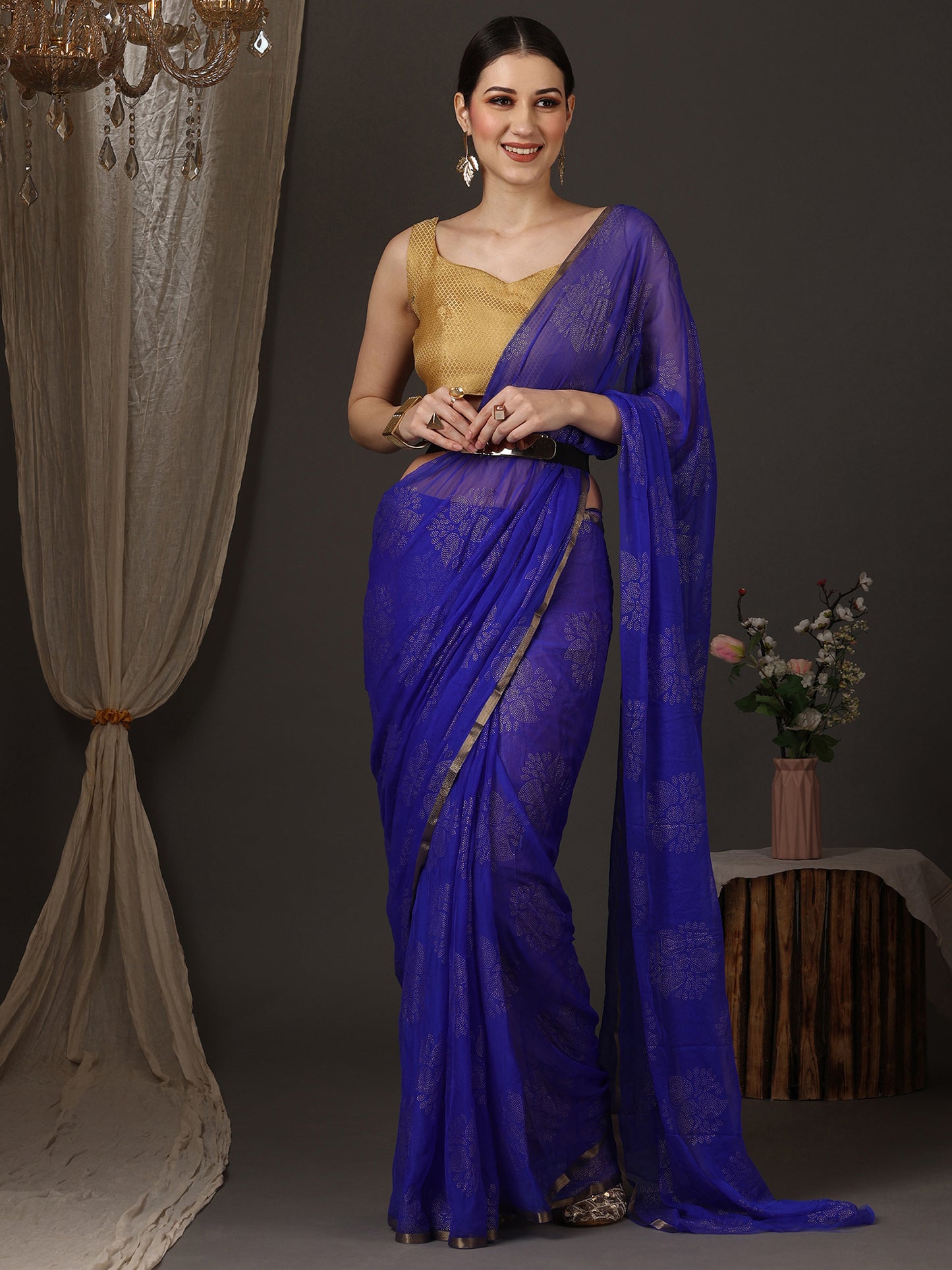 Women's Chiffon Blue Embellished Designer Saree With Blouse Piece