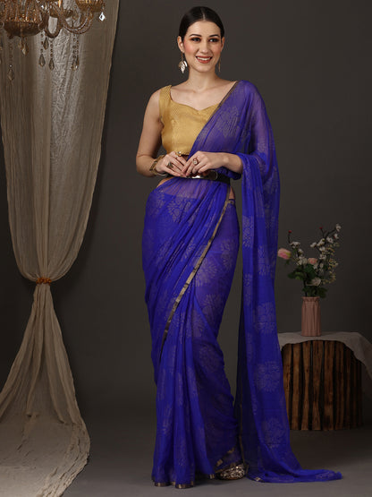 Women's Chiffon Blue Embellished Designer Saree With Blouse Piece