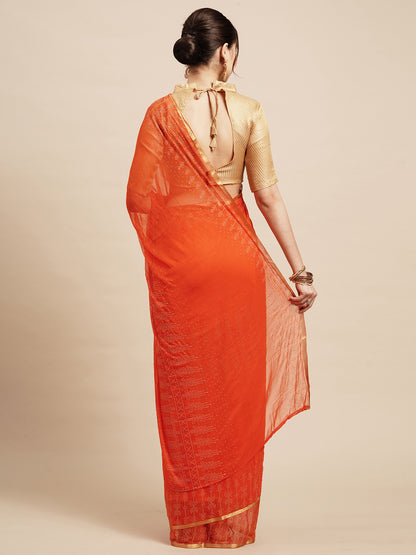 Women's Chiffon Orange Embellished Designer Saree With Blouse Piece