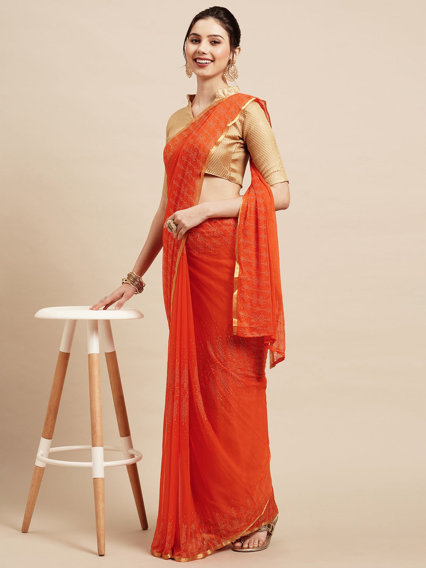 Women's Chiffon Orange Embellished Designer Saree With Blouse Piece