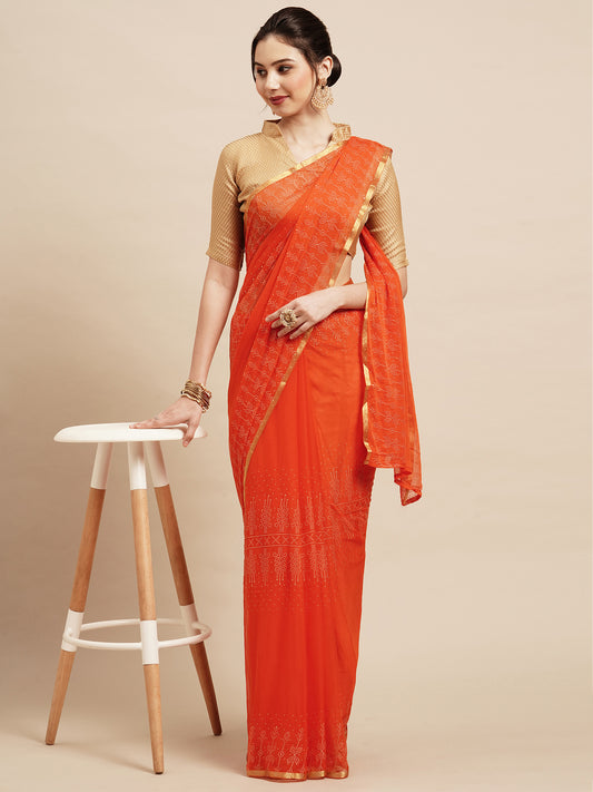 Women's Chiffon Orange Embellished Designer Saree With Blouse Piece