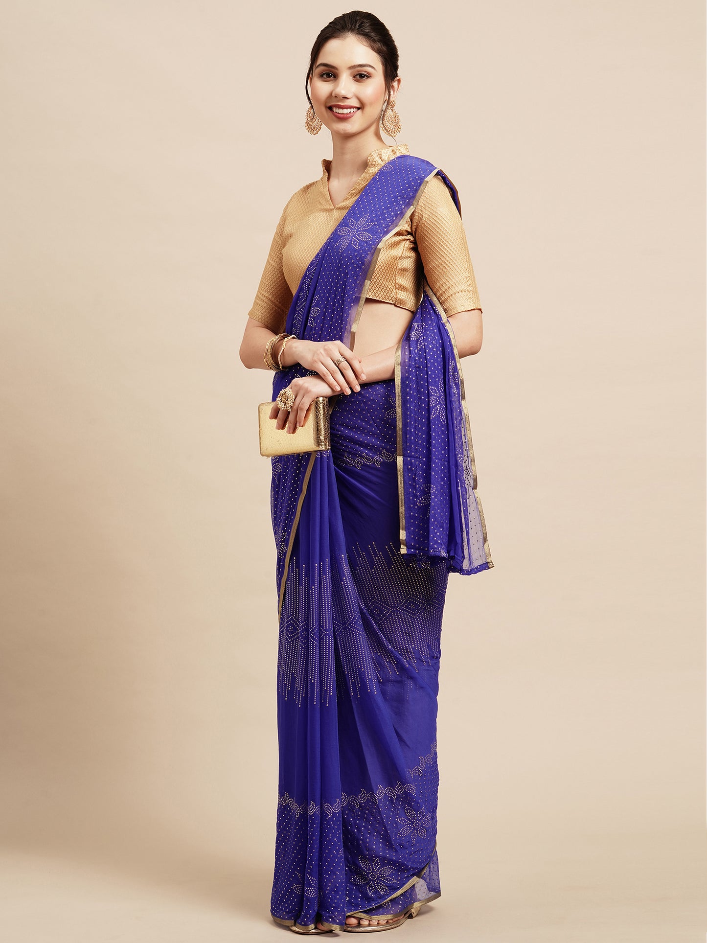 Women's Chiffon Blue Embellished Designer Saree With Blouse Piece