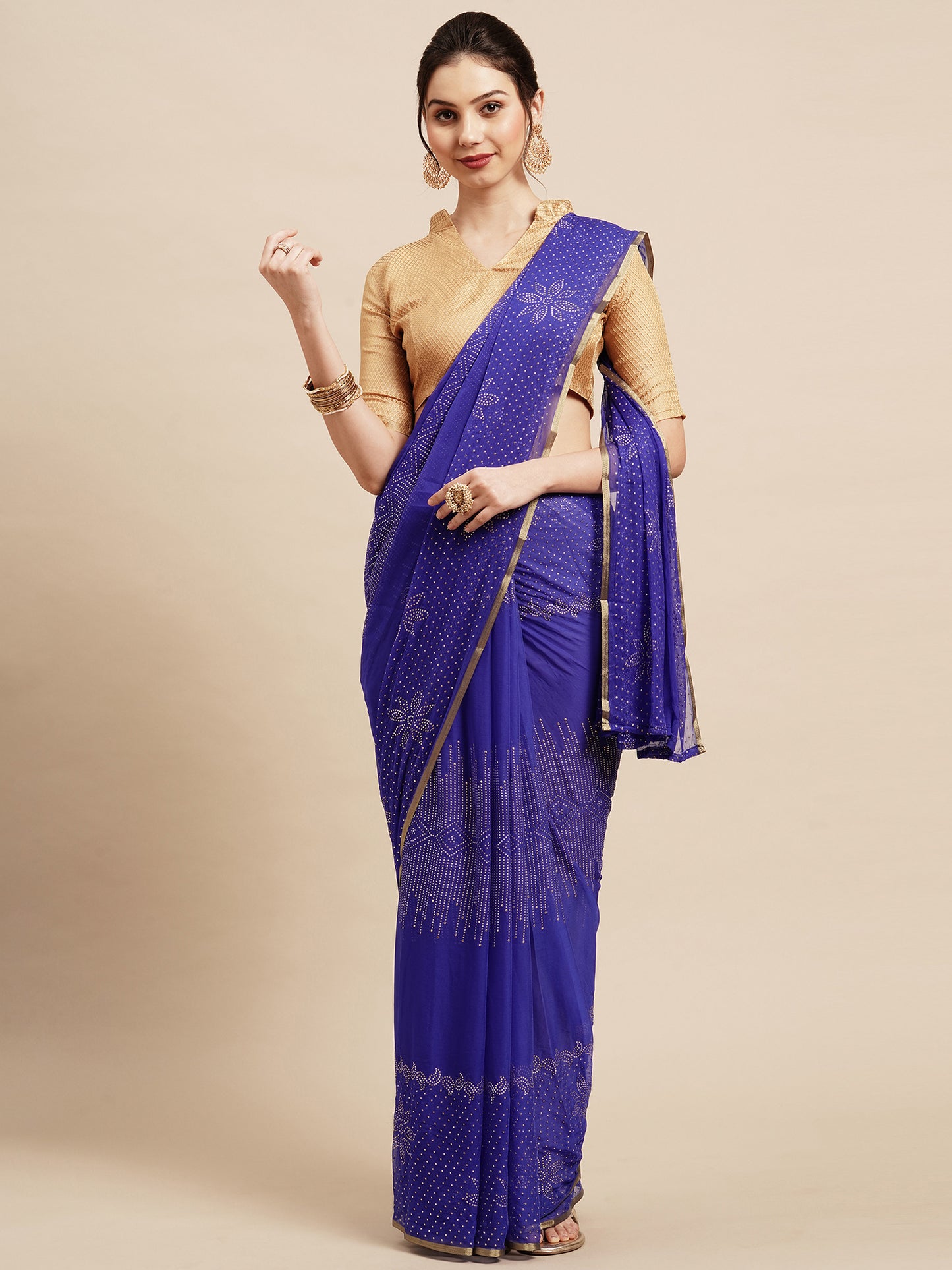 Women's Chiffon Blue Embellished Designer Saree With Blouse Piece