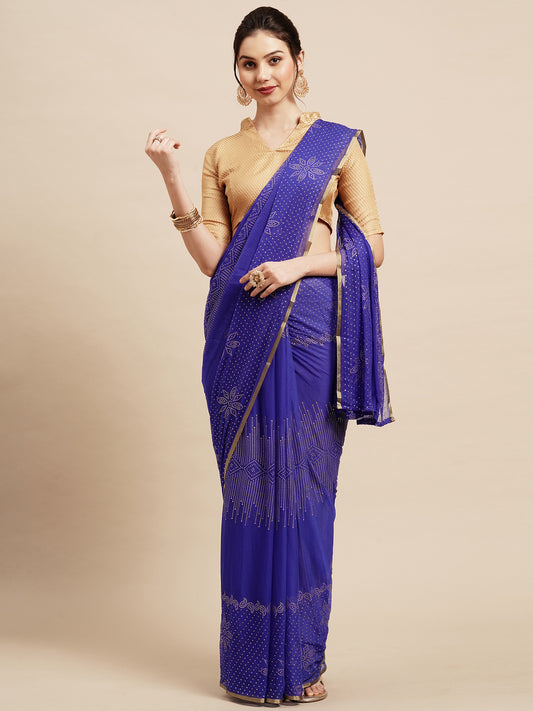 Women's Chiffon Blue Embellished Designer Saree With Blouse Piece