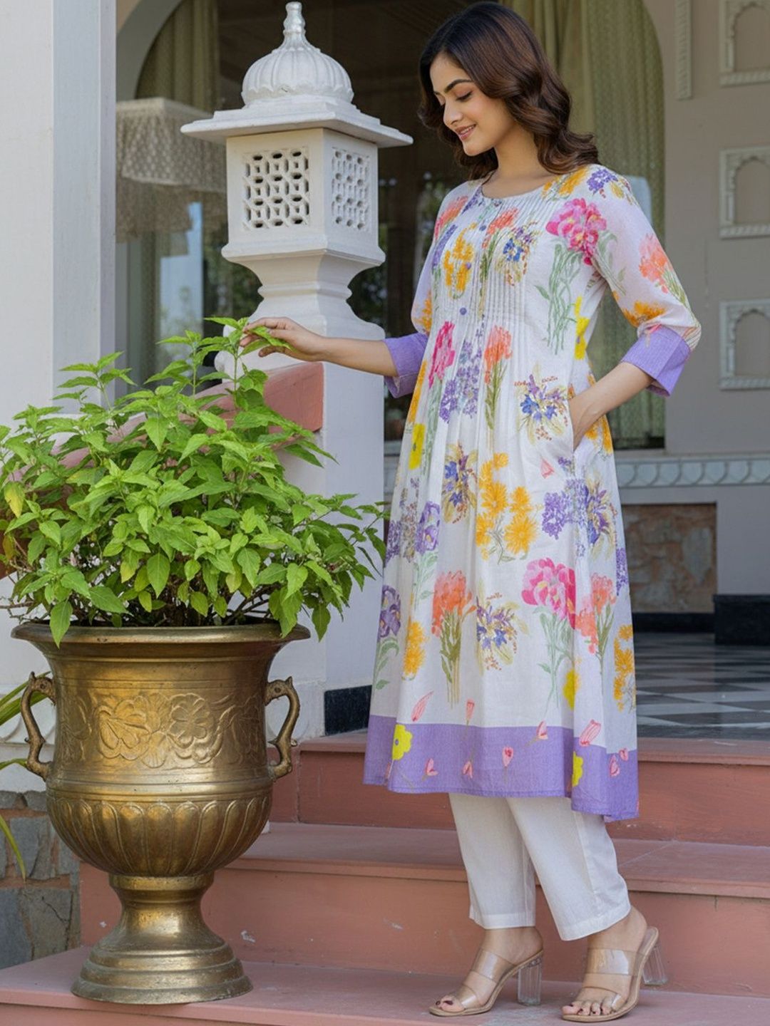 Dhiyona IE Floral Printed A-Line Pure Cotton Kurta With Trouser
