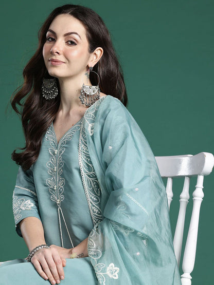 Dhiyona IE Women Floral Embroidered Regular Kurta with Trousers & With Dupatta