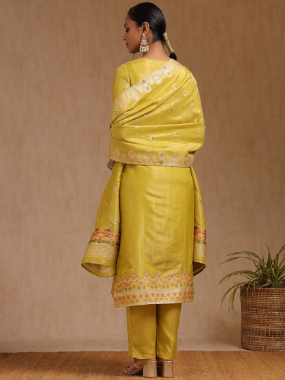 Dhiyona SO Women's Women Floral Embroidered Chanderi Cotton Kurta with Trousers & Dupatta Kurta Sets