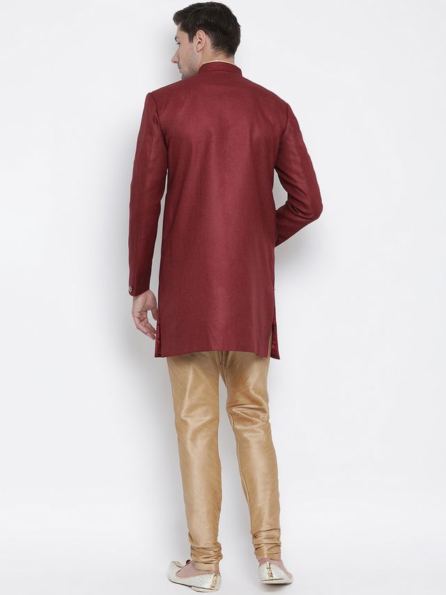 Men's Maroon Polyester Lurex Blend Straight Sherwani Set
