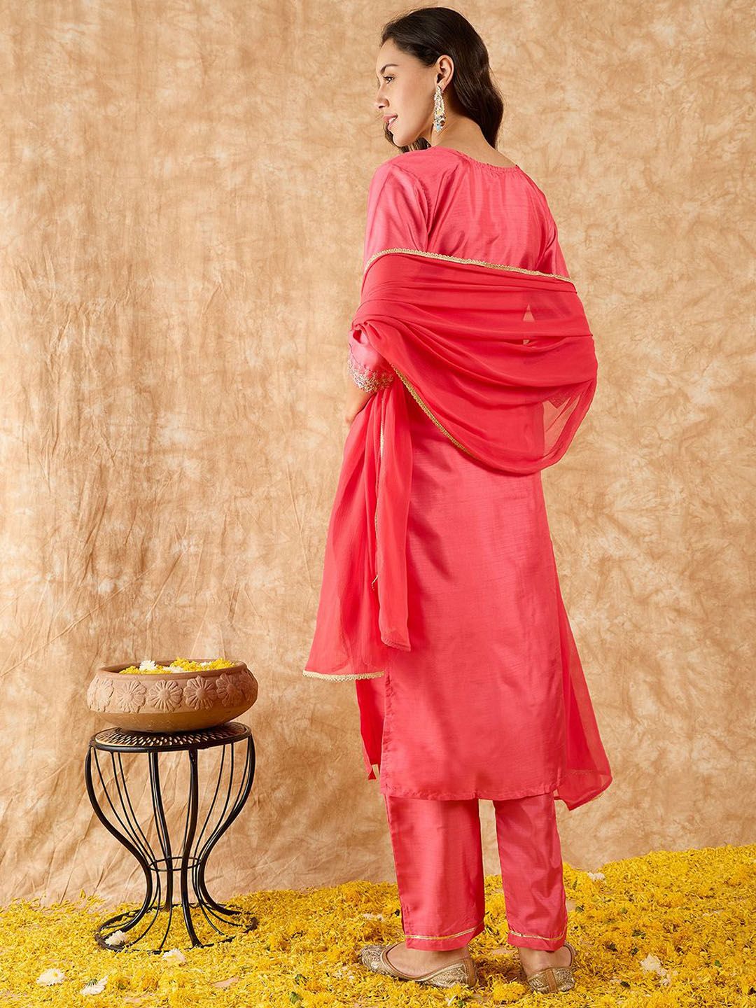 Dhiyona IE Floral Yoke Design Straight Sequinned Kurta with Trousers & Dupatta