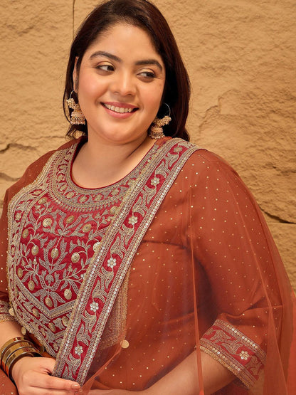 Dhiyona IN Plus Size Floral Yoke Design Sequinned Kurta With Trousers & Dupatta