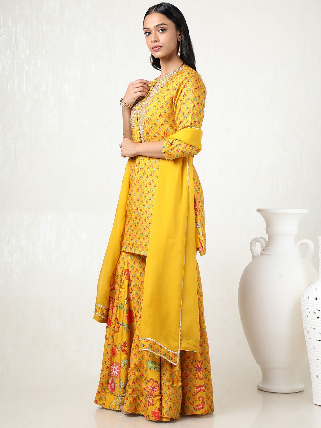 Dhiyona SO Women's Women Floral Printed Angrakha Mirror Work Kurta with Sharara & With Dupatta