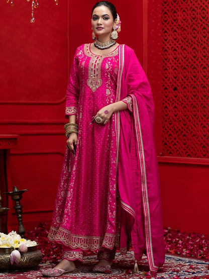 Dhiyona CH Women Ethnic Motifs Embroidered Panelled Thread Work Kurta with Trousers & With Dupatta