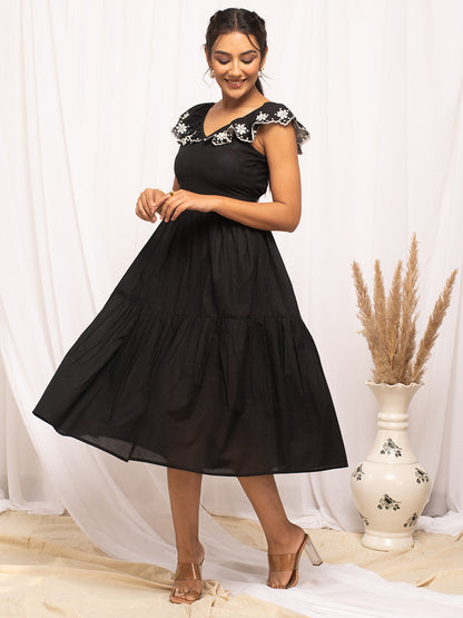 Women's Balck Colour Solid Cotton Skater Dress